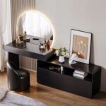 Modern LED Vanity Table Set with Storage Drawers, Open Shelves & Upholstered Stool – Black Finish Makeup Desk with Round Mirror – Minimalist Dressing Table for Bedroom or Beauty Room