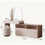 Modern LED Vanity Table Set with Storage Drawers, Open Shelves & Upholstered Stool – Black Finish Makeup Desk with Round Mirror – Minimalist Dressing Table for Bedroom or Beauty Room