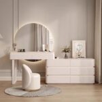 Modern Dressing Table with Round LED Mirror – Drawers & Stool – 120cm – White Finish