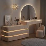 Modern Dressing Table with Round LED Mirror – Drawers & Stool – 120cm – White Finish