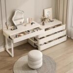Modern Dressing Table with Round LED Mirror – Drawers & Stool – 120cm – White Finish