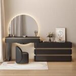 Modern Dressing Table with Round LED Mirror – Drawers & Stool – 120cm – Black Finish