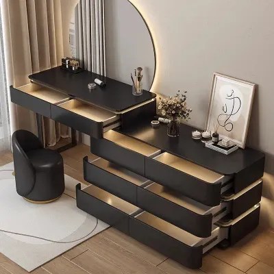 Modern Dressing Table with Round LED Mirror – Drawers & Stool – 120cm – Black Finish - Image 2