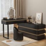 Modern Dressing Table with Cloud LED Mirror – Drawers & Stool – 120cm – Black Finish