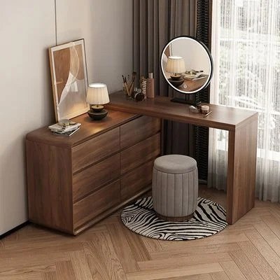Modern Wooden Dressing Table with LED Mirror – 6 Drawer Vanity Desk with Modular Design & Upholstered Stool
