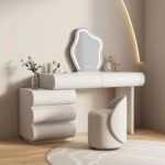 Modern Cream Vanity Dressing Table Set with LED Mirror and Upholstered Chair Luxury Makeup Desk with Drawers Contemporary Bedroom Beauty Station