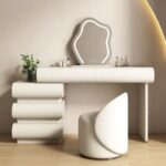 Modern Cream Vanity Dressing Table Set with LED Mirror and Upholstered Chair Luxury Makeup Desk with Drawers Contemporary Bedroom Beauty Station