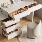 Modern Cream Vanity Dressing Table Set with LED Mirror and Upholstered Chair Luxury Makeup Desk with Drawers Contemporary Bedroom Beauty Station