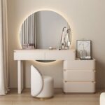 Modern Dressing Table with Round LED Mirror – Drawers & Stool – 120cm – White Finish
