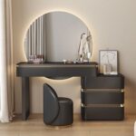 Modern Dressing Table with Round LED Mirror – Drawers & Stool – 120cm – Black Finish