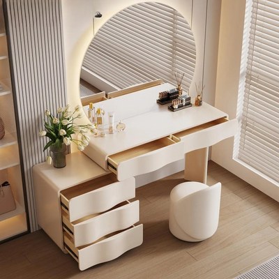 Dressing Table with Round Mirror and Chair - White - Image 2