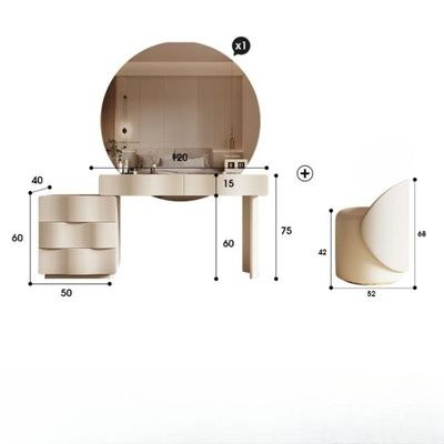 Dressing Table with Round Mirror and Chair - White - Image 4