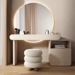 Dressing Table with Round Mirror and Stool - White