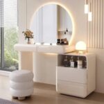 Dressing Table with Round Mirror and Stool - White