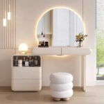 Dressing Table with Round Mirror and Stool - White