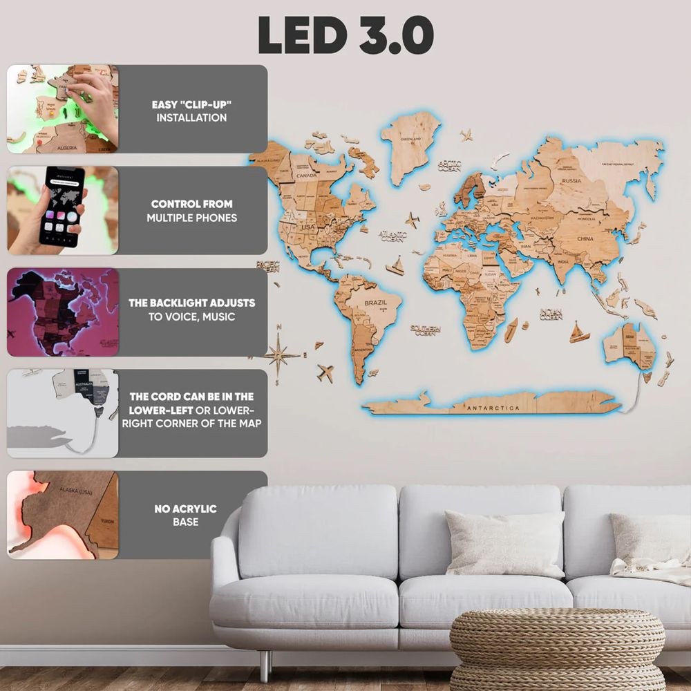 Enjoy The Wood 3D LED Wooden World Map Wall Decor, Light Wood Backlit Illuminated Wall Art with Warm Ambient Lighting, Luxury Feature Wall Decor for Home and Office UAE – Light XL (200 x 120 cm) - Image 3