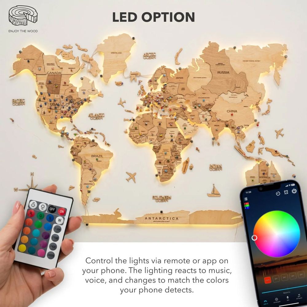 Enjoy The Wood 3D LED Wooden World Map Wall Decor, Light Wood Backlit Illuminated Wall Art with Warm Ambient Lighting, Luxury Feature Wall Decor for Home and Office UAE – Light XL (200 x 120 cm) - Image 5