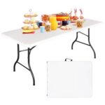 Foldable Lightweight Trestle Outdoor Camping Tables, Heavy Duty Plastic Outdoor Folding Picnic Table, Folding Trestle Table For BBQ Party, Folds in Half with Carry Handle, White