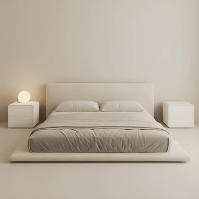 Modern Sleek Low-Profile Platform Bed with Headboard, Velvet Upholstery, Solid Wood Panel Bed Frame - White - King Size 180x200