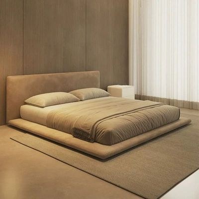 Modern Sleek Low-Profile Platform Bed with Headboard, Velvet Upholstery, Solid Wood Panel Bed Frame - Beige - Queen Size 150x200 - Image 2