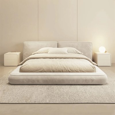 Contemporary Upholstered Platform Bed Frame with Wide Tufted Headboard, Low Profile Floor Design Bed - OffWhite - King Size 180x200