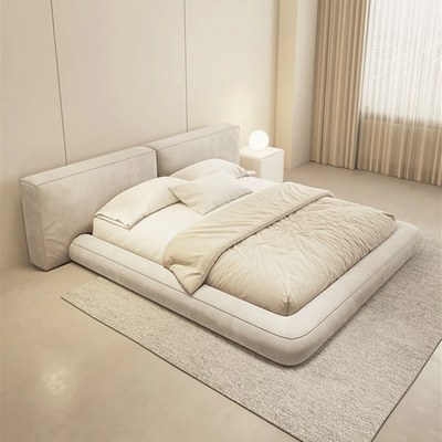 Contemporary Upholstered Platform Bed Frame with Wide Tufted Headboard, Low Profile Floor Design Bed - OffWhite - King Size 180x200 - Image 2