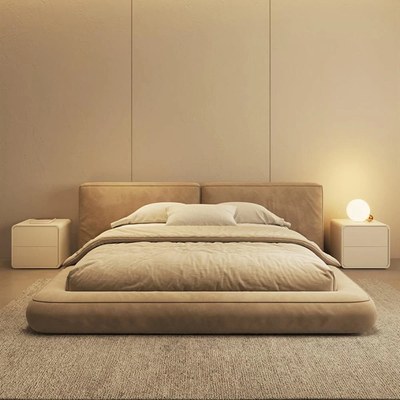 Contemporary Upholstered Platform Bed Frame with Wide Tufted Headboard, Low Profile Floor Design Bed - Beige - Queen Size 160x200