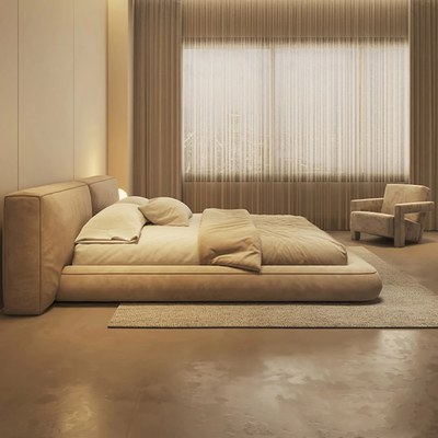 Contemporary Upholstered Platform Bed Frame with Wide Tufted Headboard, Low Profile Floor Design Bed - Beige - Queen Size 160x200 - Image 3