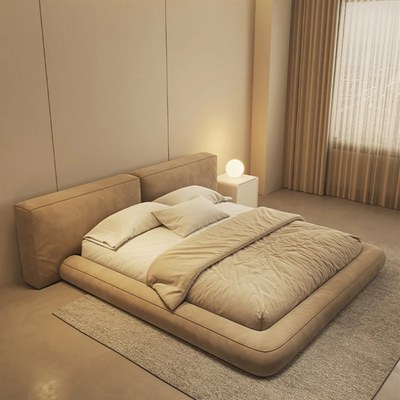Contemporary Upholstered Platform Bed Frame with Wide Tufted Headboard, Low Profile Floor Design Bed - Beige - Queen Size 160x200 - Image 4