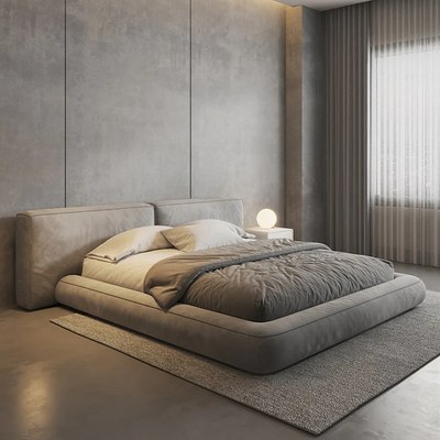 Contemporary Upholstered Platform Bed Frame with Wide Tufted Headboard, Low Profile Floor Design Bed - Grey - Super King Size 200x200 - Image 2