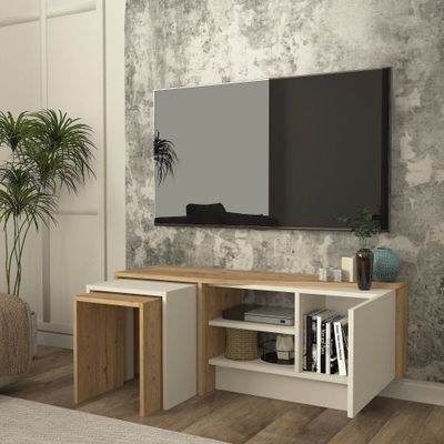 Home Canvas Rodega TV Stand with Nesting Table – Sepet Sandstone Finish | Upto 55 inch TV - Image 3