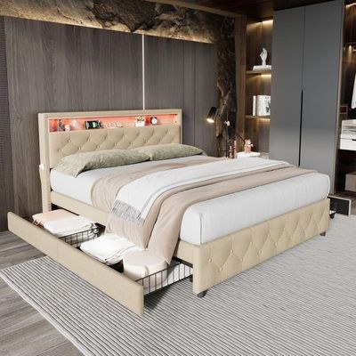 ModernLuxe Premium Upholstered Bed Frame With Storage Drawers 200x200 Fabric Super King Bed
