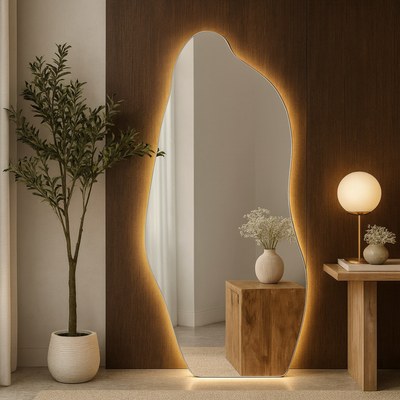 Irregular LED Backlit Full-Length Mirror Modern Organic Shape Floor Mirror for Bedroom & Living Room (170X60cm)