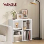 VASAGLE 4 Compartment Bookcase Open Shelf with 4 Storage Cubes, Wooden Display Storage Rack for Living Room, Home Office, Study and Bedroom, Modern Space Saving Book Storage Unit - White