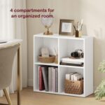 VASAGLE 4 Compartment Bookcase Open Shelf with 4 Storage Cubes, Wooden Display Storage Rack for Living Room, Home Office, Study and Bedroom, Modern Space Saving Book Storage Unit - White
