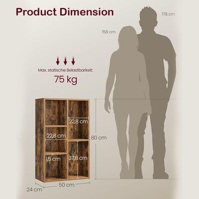VASAGLE 5 Compartment Bookcase Open Shelf with 5 Storage Cubes, Wooden Display Storage Rack for Living Room, Home Office, Study and Bedroom, Modern Space Saving Book Storage Unit - Dark Hunton Oak - Image 5