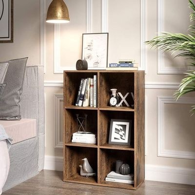 VASAGLE 6 Compartment Bookcase Open Shelf with 6 Storage Cubes, Wooden Display Storage Rack for Living Room, Home Office, Study and Bedroom, Modern Space Saving Book Storage Unit - Dark Hunton Oak - Image 2