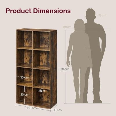 VASAGLE 8 Compartment Bookcase Open Shelf with 8 Storage Cubes, Wooden Display Storage Rack for Living Room, Home Office, Study and Bedroom, Modern Space Saving Book Storage Unit - Dark Hunton Oak - Image 5