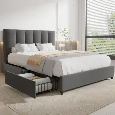 Vecelo Premium Bed Frame Upholstered with 4 Storage Drawers 200x200 Fabric Super King Bed