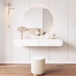 Minimalist Dressing Table with Mirror and Stool, Modern-Style Wall Mounted Vanity Table with Round Mirror Built in Lightning, Two Storage Drawers for Girl's Women's Bedroom