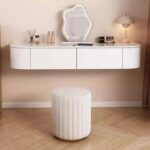Minimalist Dressing Table with Mirror and Stool, Modern-Style Wall Mounted Vanity Table with Cloud Mirror Built in Lightning, Two Storage Drawers for Girls' Bedroom