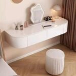 Minimalist Dressing Table with Mirror and Stool, Modern-Style Wall Mounted Vanity Table with Cloud Mirror Built in Lightning, Two Storage Drawers for Girls' Bedroom
