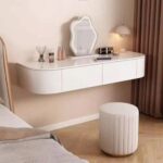 Minimalist Dressing Table with Mirror and Stool, Modern-Style Wall Mounted Vanity Table with Cloud Mirror Built in Lightning, Two Storage Drawers for Girls' Bedroom