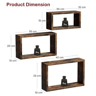 VASAGLE Decorative Floating Wall Shelves Set of 3, Cube Design Wooden Shelving for Books, Plants and Decorative Accessories - Dark Hunton Oak - Image 5