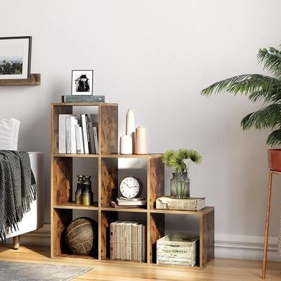 VASAGLE 6 Cube Wooden Storage Unit with Staircase Design - Freestanding Bookcase, Display Shelf, and Organizer for Living Room, Bedroom, or Study - Dark Hunton Oak