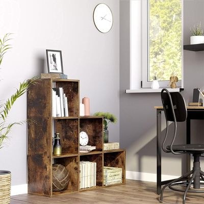VASAGLE 6 Cube Wooden Storage Unit with Staircase Design - Freestanding Bookcase, Display Shelf, and Organizer for Living Room, Bedroom, or Study - Dark Hunton Oak - Image 2