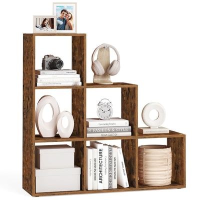 VASAGLE 6 Cube Wooden Storage Unit with Staircase Design - Freestanding Bookcase, Display Shelf, and Organizer for Living Room, Bedroom, or Study - Dark Hunton Oak - Image 4