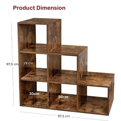 VASAGLE 6 Cube Wooden Storage Unit with Staircase Design - Freestanding Bookcase, Display Shelf, and Organizer for Living Room, Bedroom, or Study - Dark Hunton Oak - Image 5