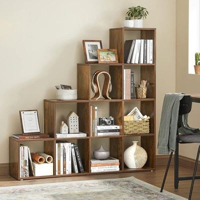 VASAGLE 10 Cube Wooden Storage Unit with Staircase Design - Freestanding Bookcase, Display Shelf, and Organizer for Living Room, Bedroom, or Study - Dark Hunton Oak