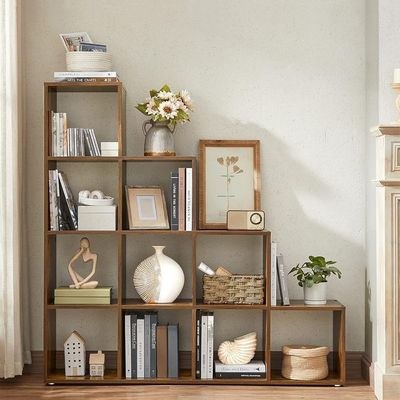 VASAGLE 10 Cube Wooden Storage Unit with Staircase Design - Freestanding Bookcase, Display Shelf, and Organizer for Living Room, Bedroom, or Study - Dark Hunton Oak - Image 2